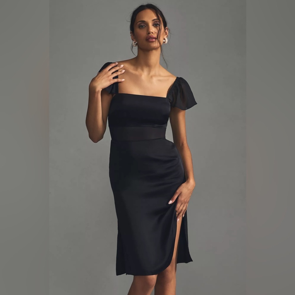 By Anthropologie Flutter-Sleeve Satin Sheath Dress in Black